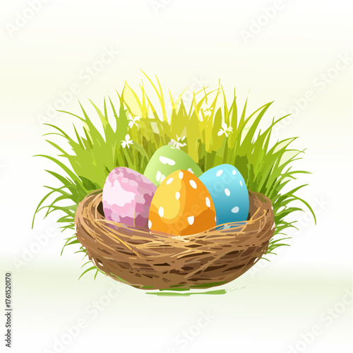 Nest with easter eggs in grass on a sunny spring day - Easter decoration, banner, panorama, background