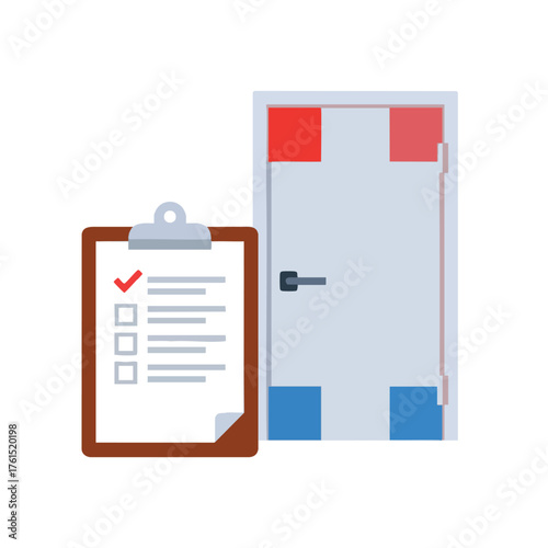 A clipboard with a checklist and a door, symbolizing tasks and decisions.