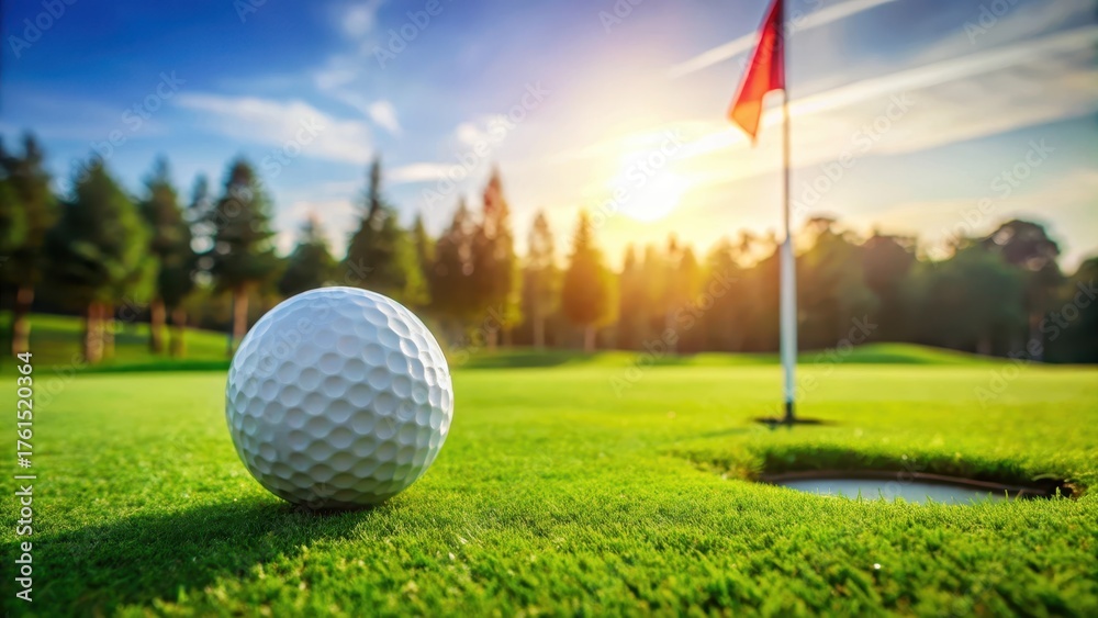 Obraz premium Close-up of a golf ball on lush green grass with a flag in the background on a golf course, landscape, scenery