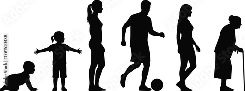 Human life stages silhouettes, growth and aging, childhood to elderly, development concept, education illustration, lifestyle art, generational timeline design