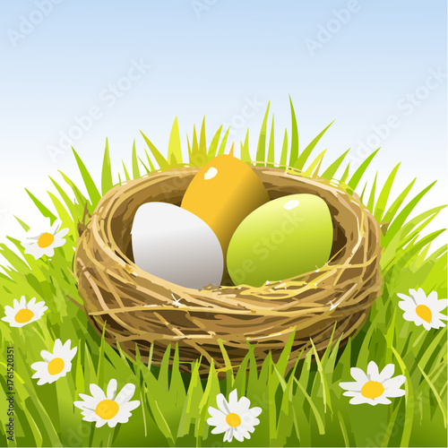Nest with easter eggs in grass on a sunny spring day - Easter decoration, banner, panorama, background