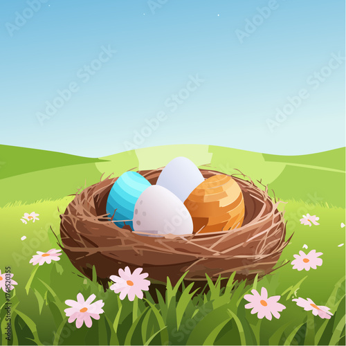 Nest with easter eggs in grass on a sunny spring day - Easter decoration, banner, panorama, background