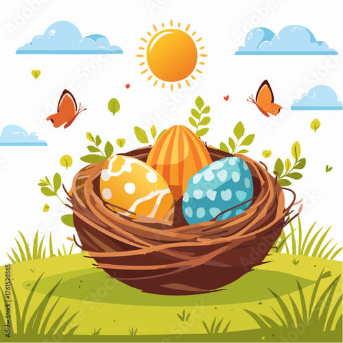 Nest with easter eggs in grass on a sunny spring day - Easter decoration, banner, panorama, background