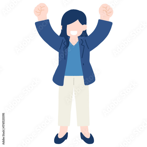 両手を挙げて喜ぶビジネスパーソン[女性]のフラットなイラスト
