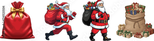 Set of Santa Claus and Christmas Gift Sacks with Presents Vector Collection