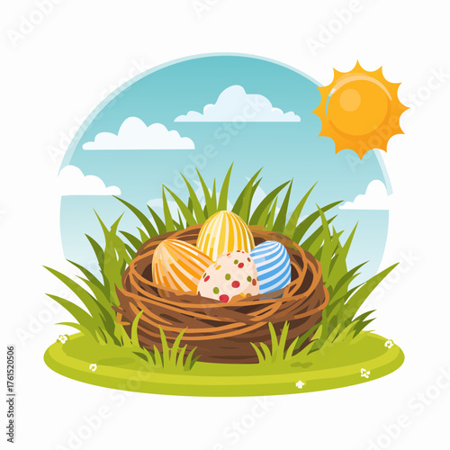 Nest with easter eggs in grass on a sunny spring day - Easter decoration, banner, panorama, background