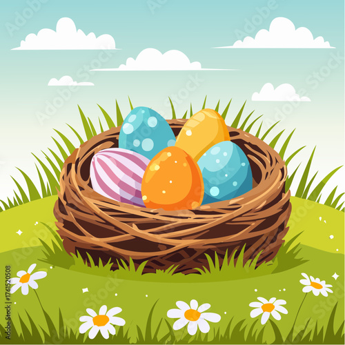 Nest with easter eggs in grass on a sunny spring day - Easter decoration, banner, panorama, background