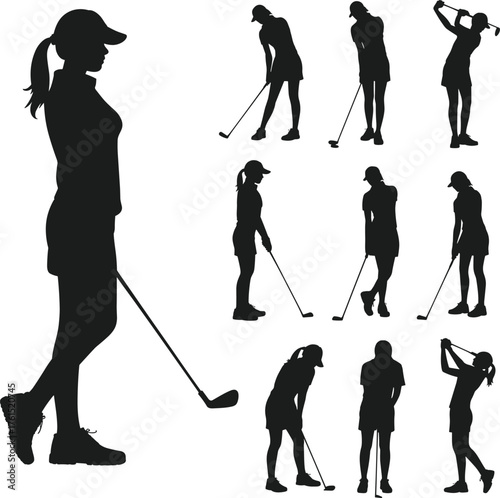 Golf silhouettes, female golfer poses, swing and putting sequence, sports illustration, athletic movement, fitness lifestyle, competition art, posture design