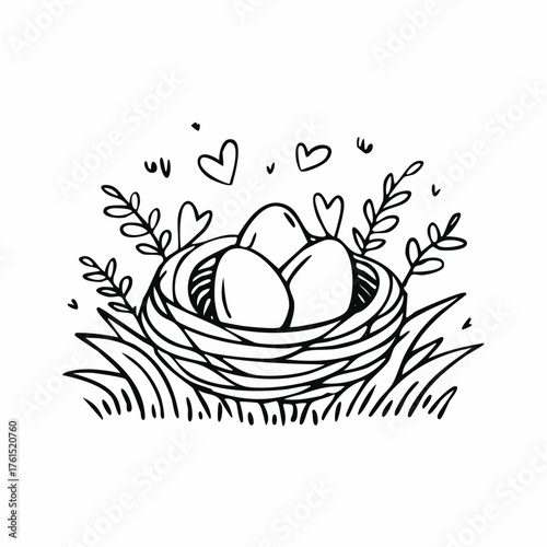 Nest with easter eggs in grass on a sunny spring day - Easter decoration, banner, panorama, background