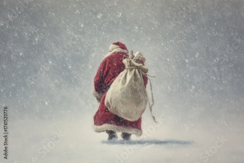 Santa Claus Walking in Snowstorm Carrying Gift Bag – Classic Vintage Christmas Scene in Winter Landscape