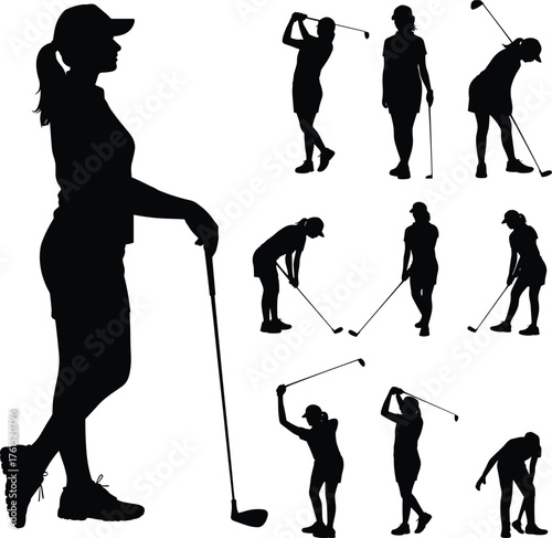 Golf silhouettes, female golfer poses, swing sequence, sports illustration, athletic movement, fitness lifestyle, competition art, posture study, golfing design