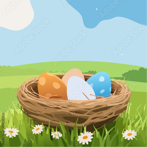 Nest with easter eggs in grass on a sunny spring day - Easter decoration, banner, panorama, background