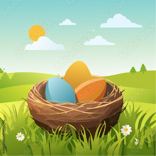 Nest with easter eggs in grass on a sunny spring day - Easter decoration, banner, panorama, background