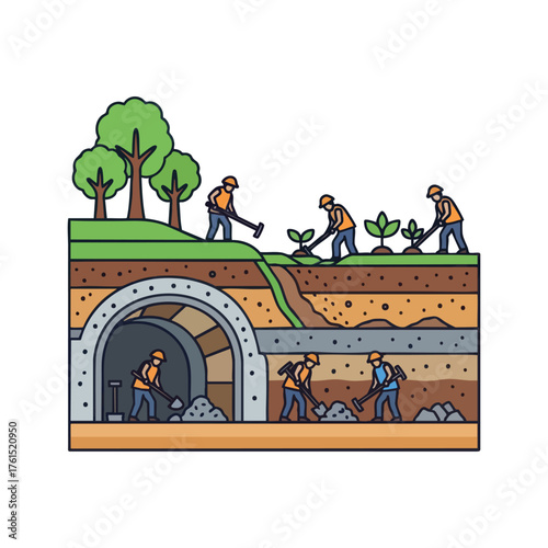 Workers build a tunnel and plant trees, illustrating construction and agriculture.
