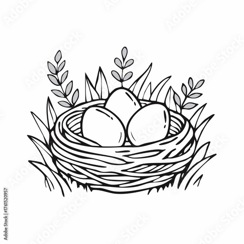Nest with easter eggs in grass on a sunny spring day - Easter decoration, banner, panorama, background