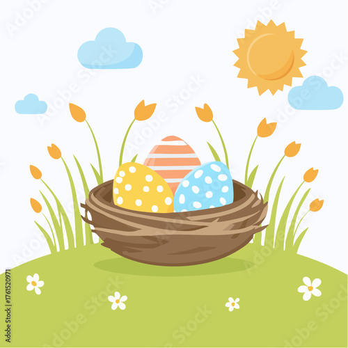 Nest with easter eggs in grass on a sunny spring day - Easter decoration, banner, panorama, background