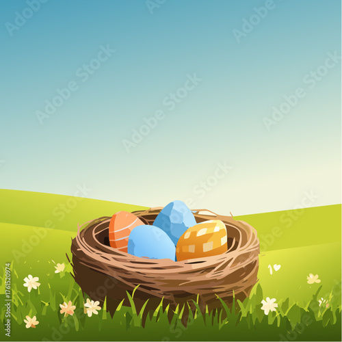 Nest with easter eggs in grass on a sunny spring day - Easter decoration, banner, panorama, background