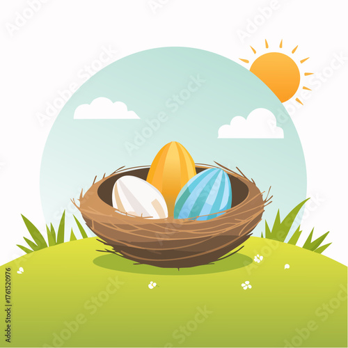 Nest with easter eggs in grass on a sunny spring day - Easter decoration, banner, panorama, background
