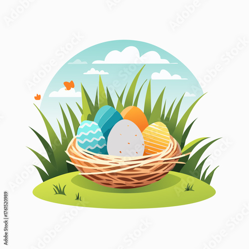 Nest with easter eggs in grass on a sunny spring day - Easter decoration, banner, panorama, background
