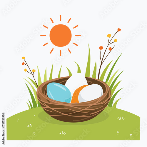 Nest with easter eggs in grass on a sunny spring day - Easter decoration, banner, panorama, background