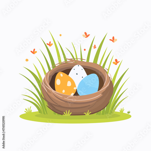 Nest with easter eggs in grass on a sunny spring day - Easter decoration, banner, panorama, background