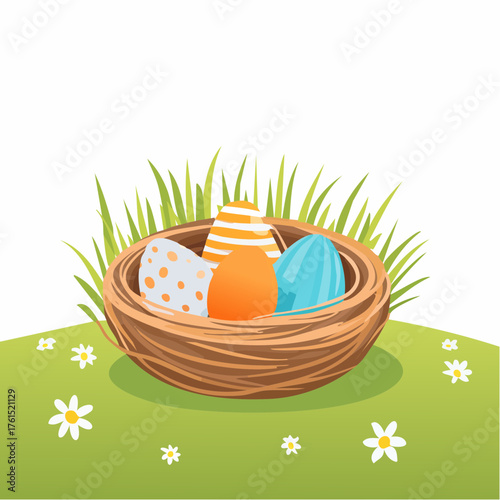 Nest with easter eggs in grass on a sunny spring day - Easter decoration, banner, panorama, background