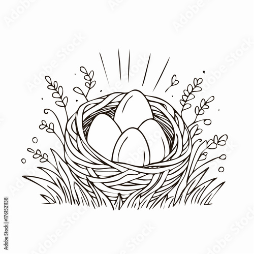 Nest with easter eggs in grass on a sunny spring day - Easter decoration, banner, panorama, background