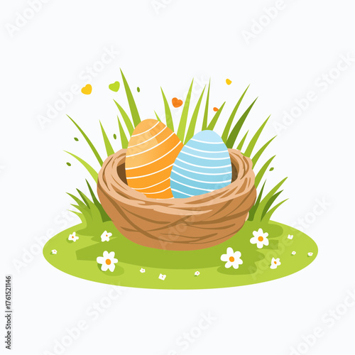 Nest with easter eggs in grass on a sunny spring day - Easter decoration, banner, panorama, background