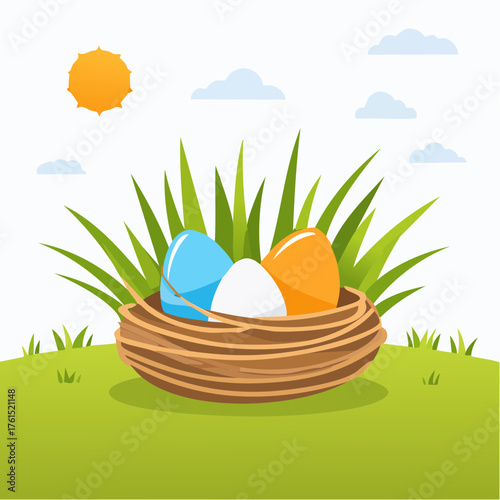 Nest with easter eggs in grass on a sunny spring day - Easter decoration, banner, panorama, background
