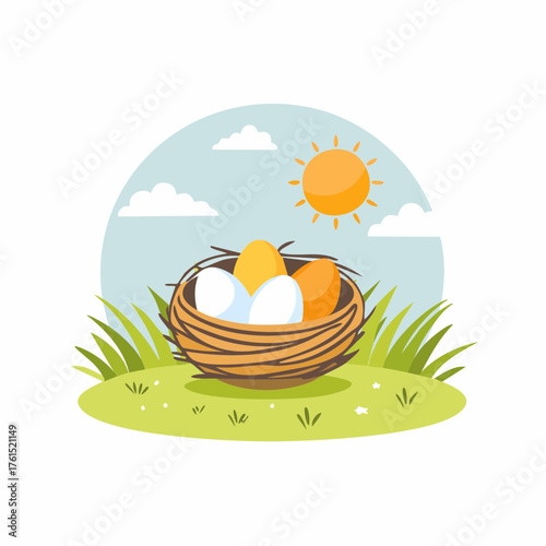 Nest with easter eggs in grass on a sunny spring day - Easter decoration, banner, panorama, background