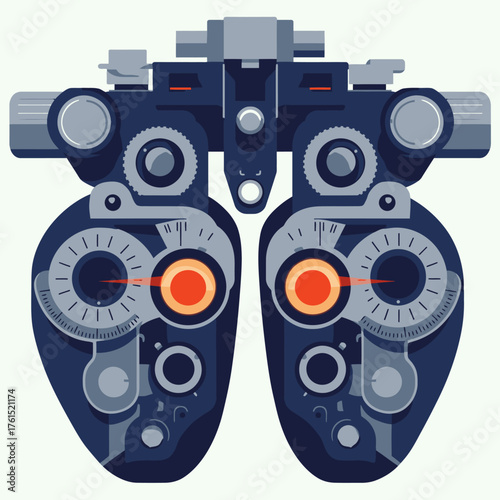 A modern flat illustration of a phoropter, an advanced optical instrument essential for optometrists to conduct precise eye examinations and determine accurate vision prescriptions.