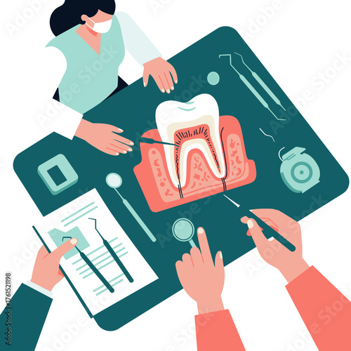 A team of dental professionals collaboratively studies a detailed anatomical diagram of a human tooth, surrounded by essential instruments for oral care.