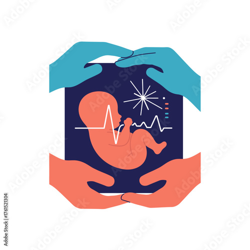 Illustrative depiction of hands gently cradling a developing fetus, symbolizing comprehensive prenatal care, medical support, and the delicate protection of new life.