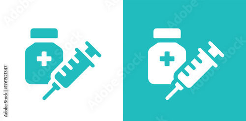 medical, syringe, vial, medicine, healthcare, injection, vaccination, drug, treatment, health, science, icon, symbol, graphic, design, white, teal, turquoise, clean, simple, flat, illustration, medica