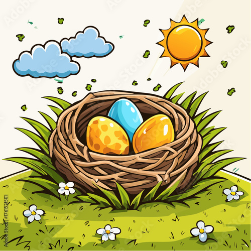 Nest with easter eggs in grass on a sunny spring day - Easter decoration, banner, panorama, background
