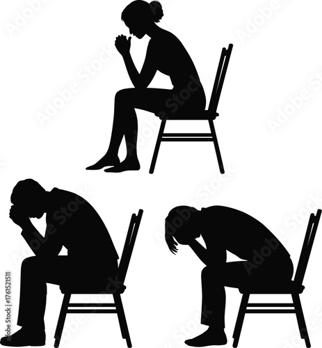 Silhouettes of contemplation and distress, seated figures, emotional posture, mental health awareness, lifestyle art, psychology concept, stress illustration