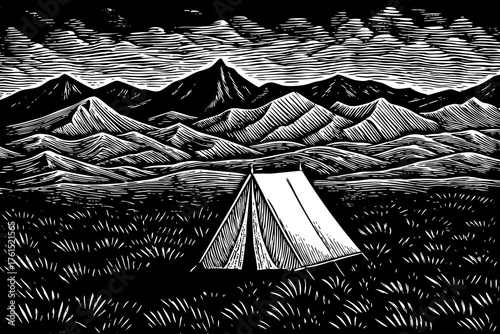 single, simple tent outline placed centrally in a vast, empty mountainous landscape
