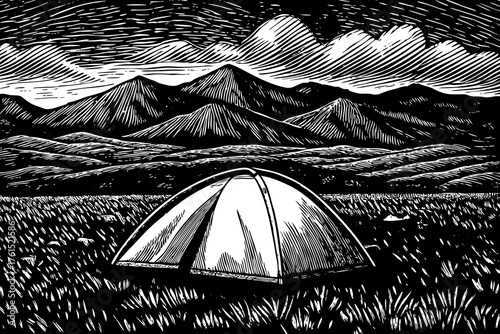 single, simple tent outline placed centrally in a vast, empty mountainous landscape