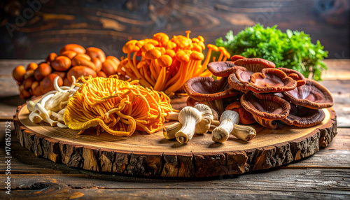 Assorted medicinal mushrooms including reishi, cordyceps, and shimeji displayed on a rustic wooden board. Rich textures and earthy tones highlight their adaptogenic and wellness properties