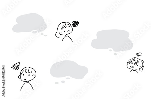 people, man, woman, confusion, thinking, questioning, doubt, uncertainty, thought bubble, speech bubble, communication, dialogue, misunderstanding, cartoon, illustration, drawing, isolated, white back