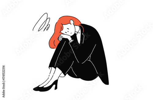 business, sad, unhappy, depressed, worried, stressed, failure, disappointment, lonely, isolation, woman, suit, high heels, white background, isolated, illustration, cartoon, graphic, design, emotional