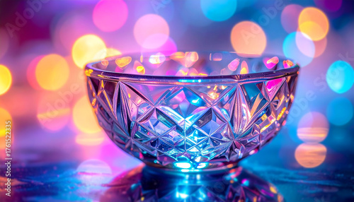 a crystal bowl glowing under vibrant, colorful lights. The glass reflects hues of pink, blue, and gold, creating an ethereal and meditative ambiance perfect for spiritual or wellness themes