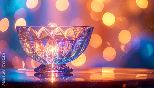 a crystal bowl glowing under vibrant, colorful lights. The glass reflects hues of pink, blue, and gold, creating an ethereal and meditative ambiance perfect for spiritual or wellness themes