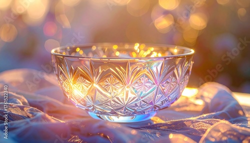 a crystal bowl glowing under vibrant, colorful lights. The glass reflects hues of pink, blue, and gold, creating an ethereal and meditative ambiance perfect for spiritual or wellness themes