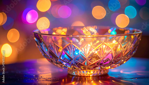 a crystal bowl glowing under vibrant, colorful lights. The glass reflects hues of pink, blue, and gold, creating an ethereal and meditative ambiance perfect for spiritual or wellness themes