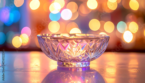 a crystal bowl glowing under vibrant, colorful lights. The glass reflects hues of pink, blue, and gold, creating an ethereal and meditative ambiance perfect for spiritual or wellness themes