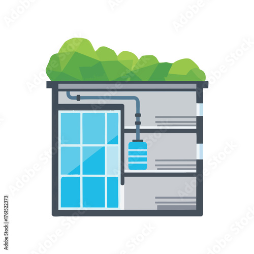 of a building with a modern green roof and a water tank.