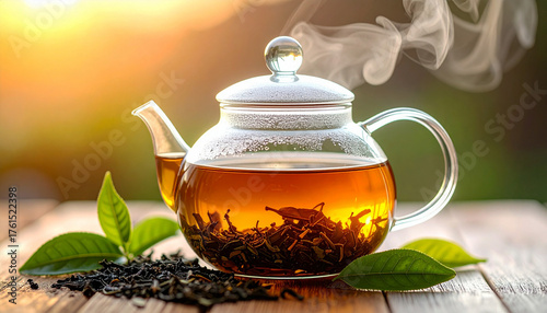 Clear glass teapot filled with golden herbal tea, steaming gently on rustic wooden table with dried herbs scattered around. Cozy and calming scene for wellness, tea, and natural lifestyle themes