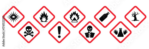 Danger Warning Symbols Collection – GHS Hazard Red White Diamond Icons – Transparent Background Vector Set for Chemical Safety, Alerts, and Industrial Hazard Communication