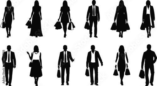 Shopping silhouettes, business attire, formal fashion, consumer lifestyle, retail concept, urban style, marketing illustration, posture study, fashion design reference